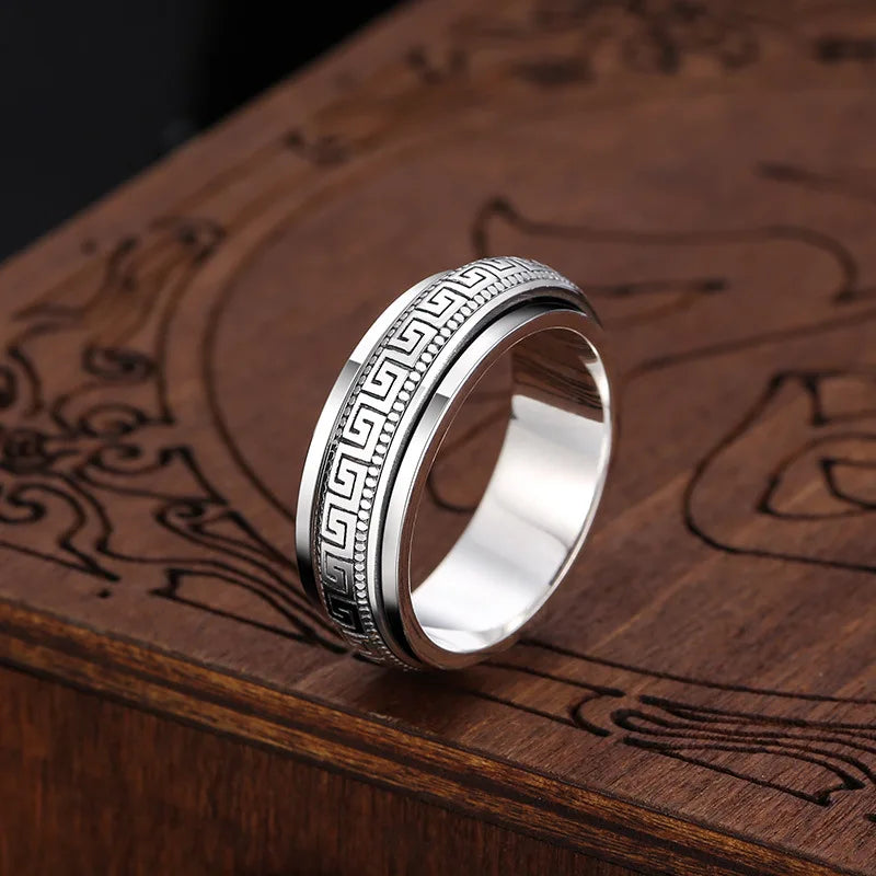 Factory Price S925 Sterling Silver Great Wall Pattern Spinner Ring Men Women Real Silver Double-layer Rotatable Rings Jewelry