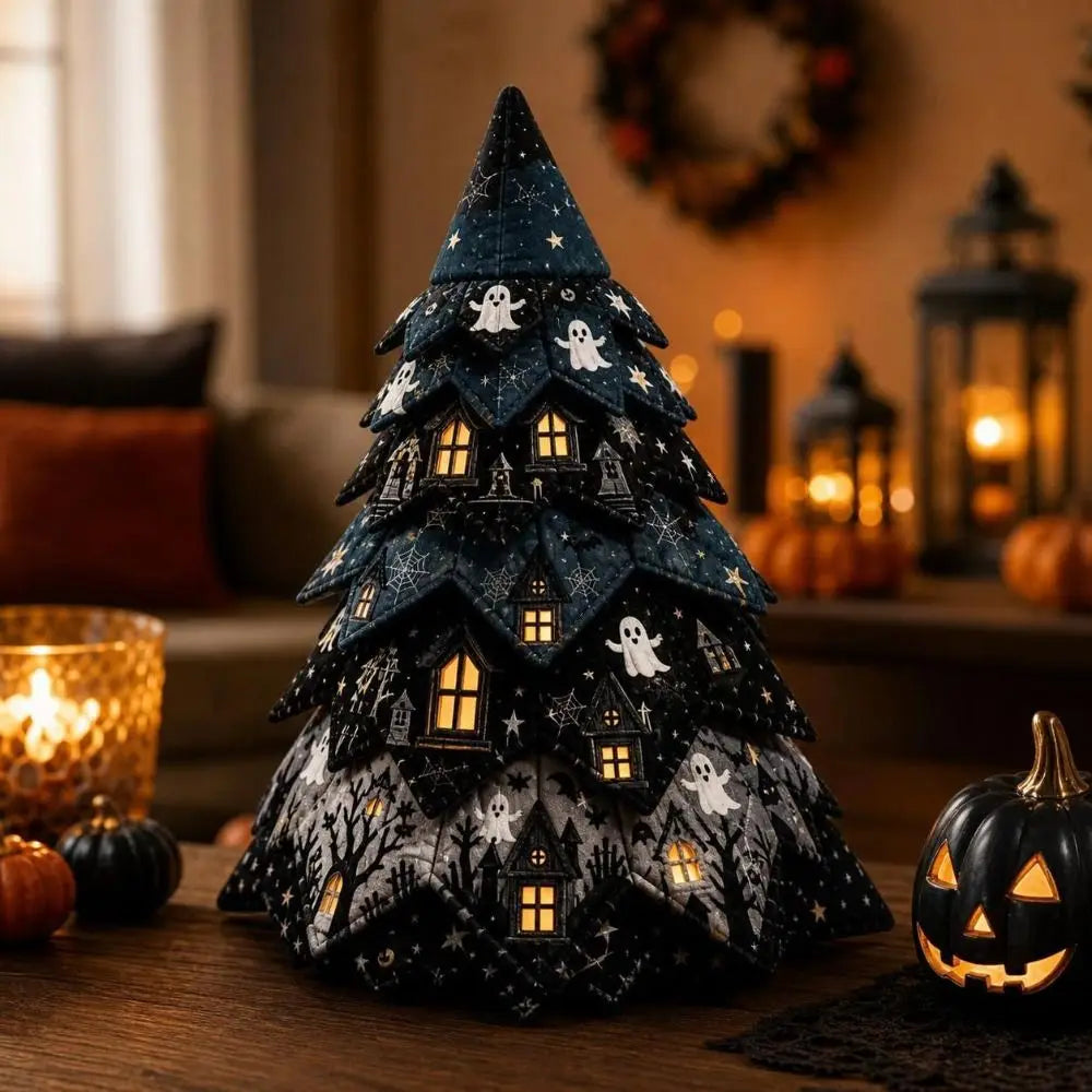 Vintage Halloween Quilted Fabric Tree Kit Pumpkin Ghost Black Cat Spider DIY Patchwork Tabletop Tree Set Tree Ornament 3D Thick