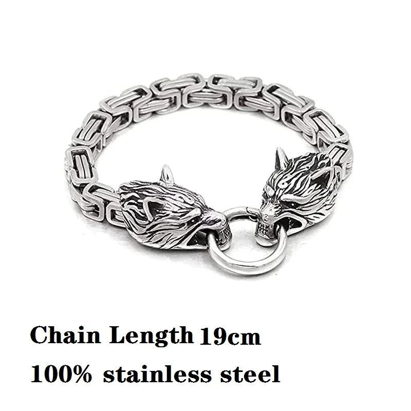 Stainless Steel Wolf Head Pendant Byzantine Emperor Chain Necklace Bracelet Set Norse Viking Amulet Thor Hammer King Jewelry
